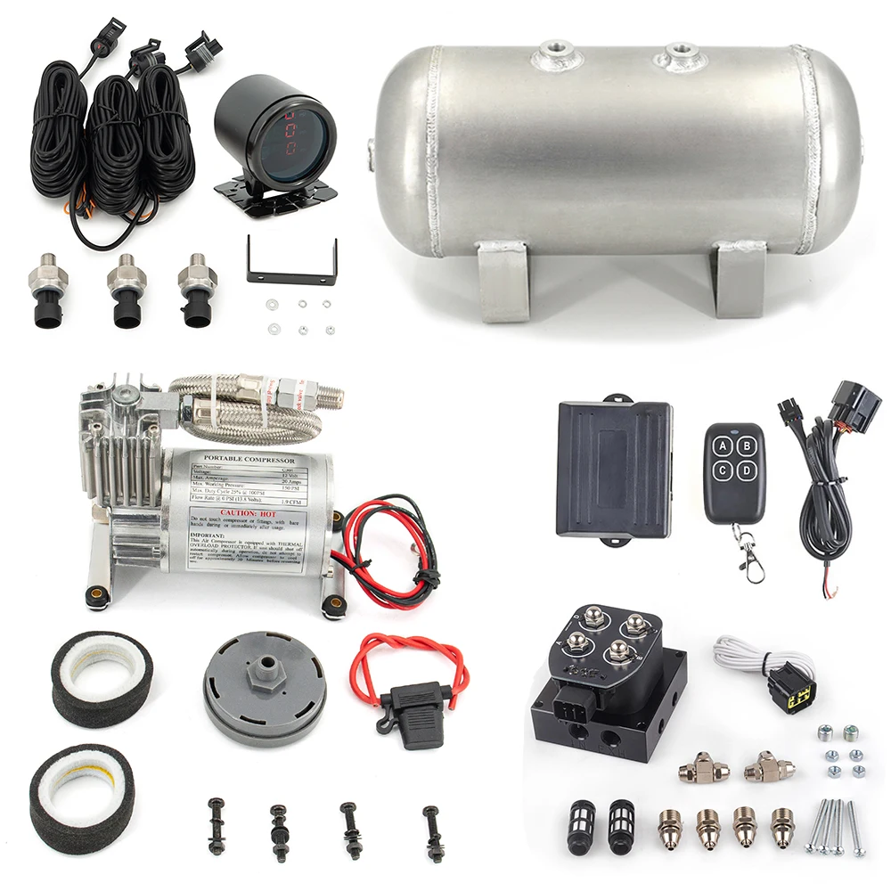 

Air Management Kit Air Suspension System Electronic Controller System With 1.6gallon Air Tank 3 pressure gauge Compressor Pump