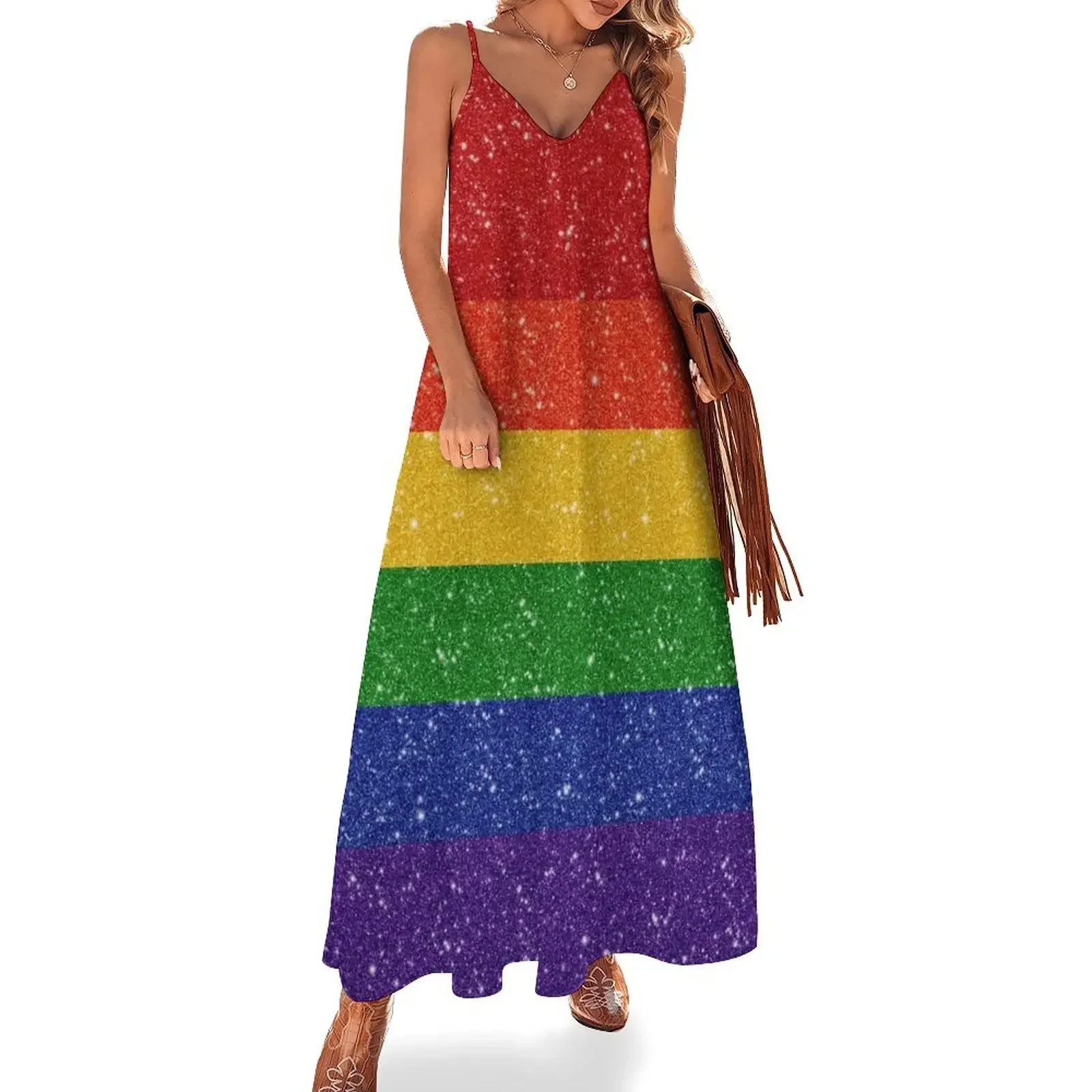 

Faux Glitter LGBTQ Pride Rainbow Flag Background Sleeveless Dress clothes summer women's suit Cocktail of dresses Dress