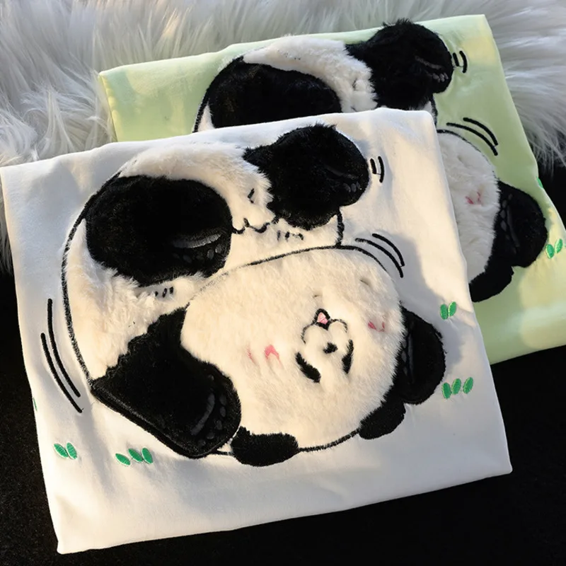 2024 Summer New Short-sleeved Cartoon Panda Flocking T-Shirts Women Plush Embroidery Sweet Cute Tee Shirts Harajuku Streetwear