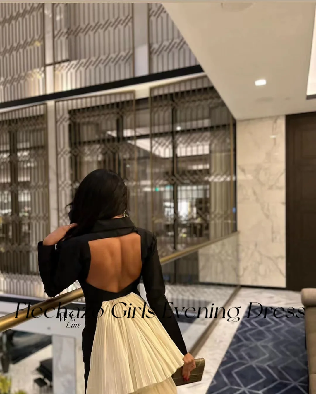 Flechazo Black Evening Dresses V Neck Full Sleeves Sexy Backless Pleated Formal Party Dress For Women 2024 vestidos de gala