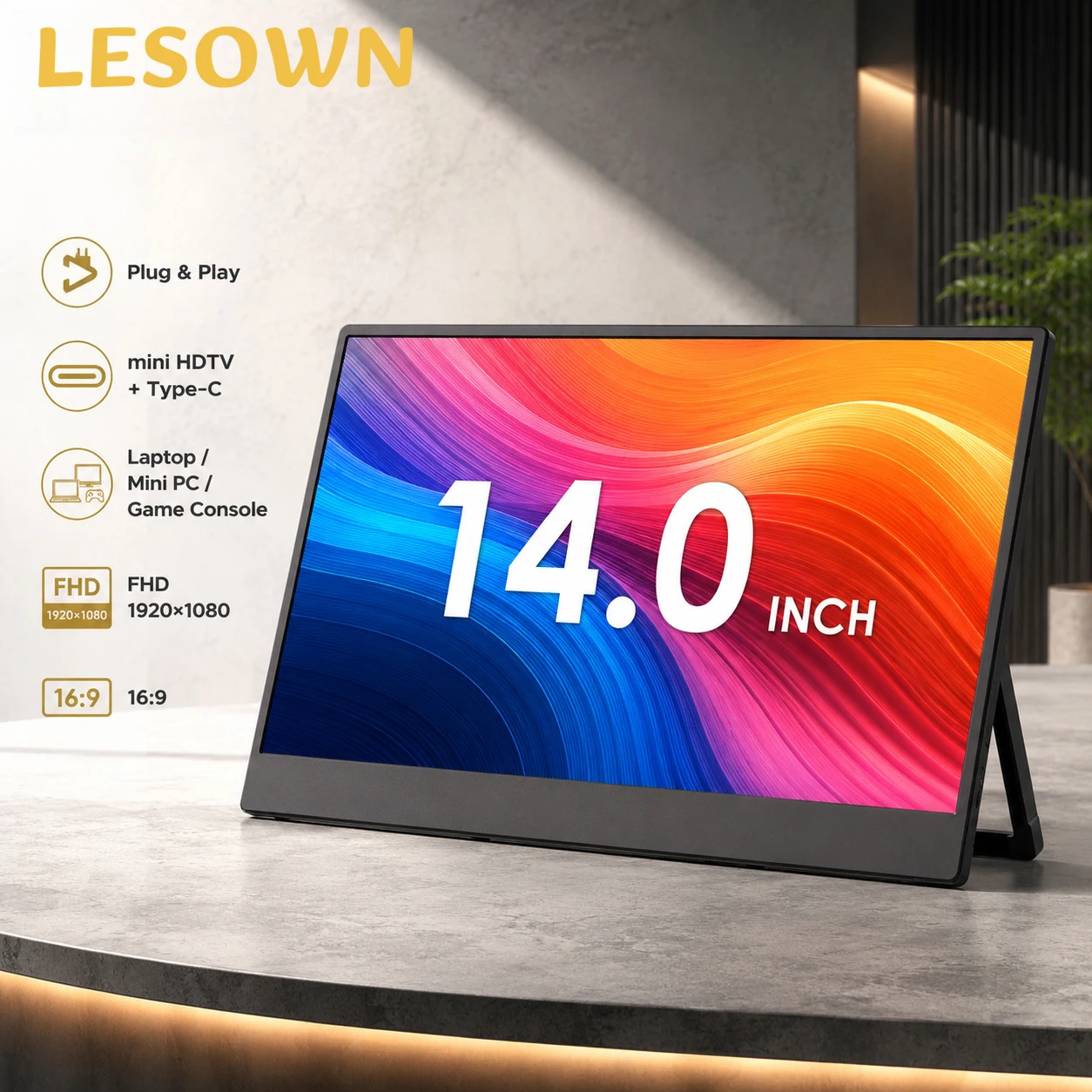 LESOWN 14/16 Inch Touch Screen LCD Monitor 60Hz Type-C Mini HDTV VESA 75 Black Plastic Case for Laptop External Display Setup