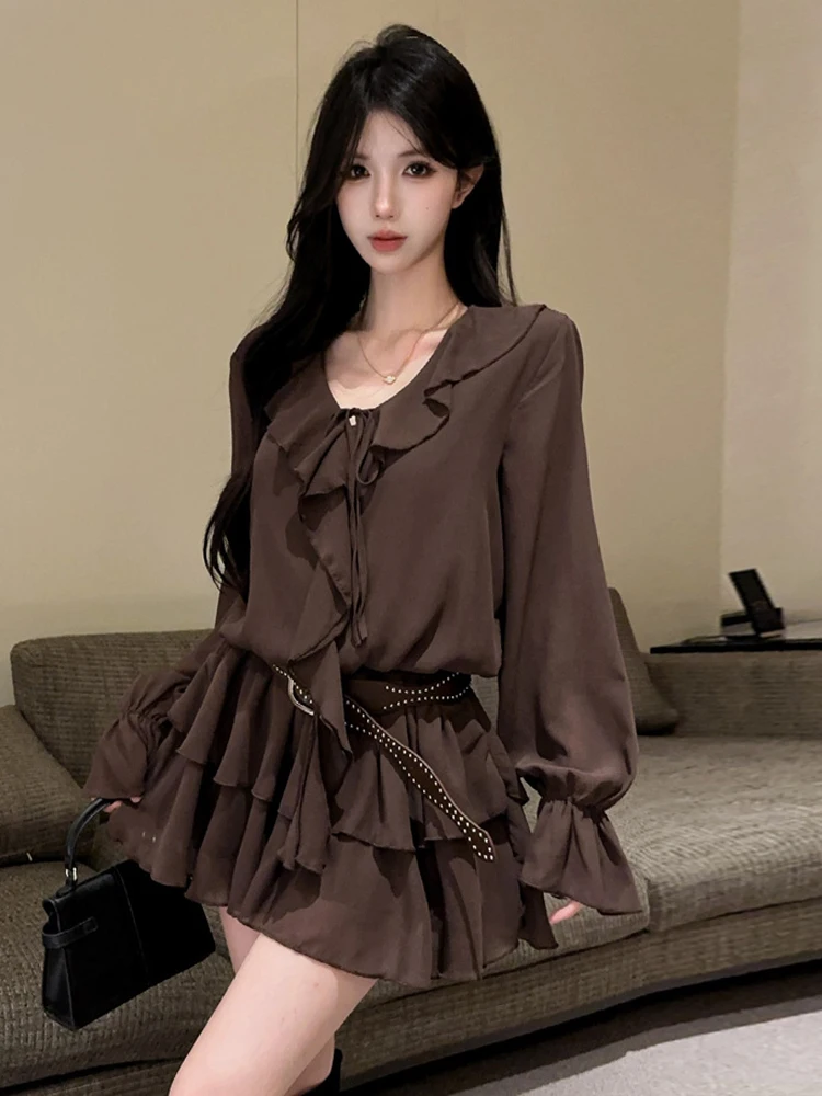 Sexy Lace Trim Bell Sleeve Dress Loose Slimming Pleated A-Line Short Skirt with Belt High Waist Chiffon Long Sleeve V-Neck Dress