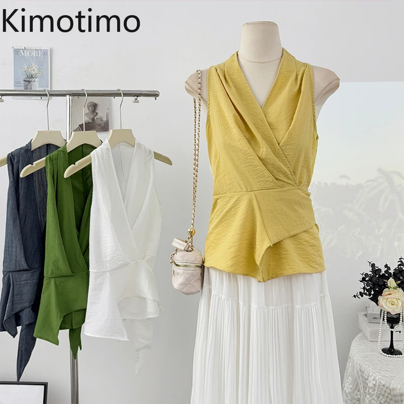 

Kimotimo Cross V Neck Halter Vest Women 2025 Summer Temperament Sleeveless Folds Waist Lace Up Top Simple Solid Slim Fit Tanks