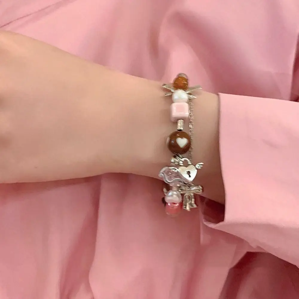 Aesthetic Dopamine Black Cat Heart Bracelet Y2K Beads Pentagram Star Bangle Love Lock Star 2 Layer Hand Chain Summer