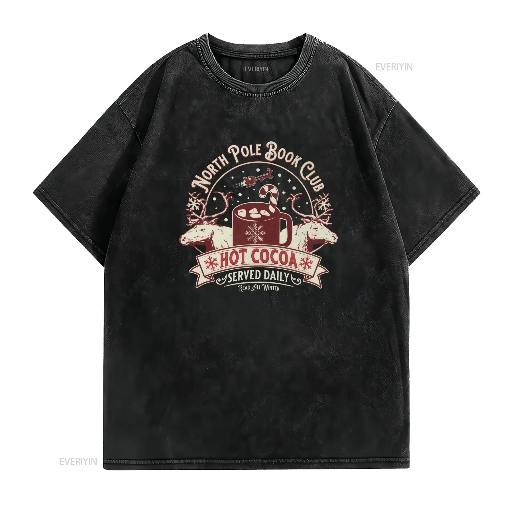 North Pole Book Club T Shirt Cozy Hot Cocoa Reading Santa Books Lover vintage Washed Comfortable Stretched Soft graphic