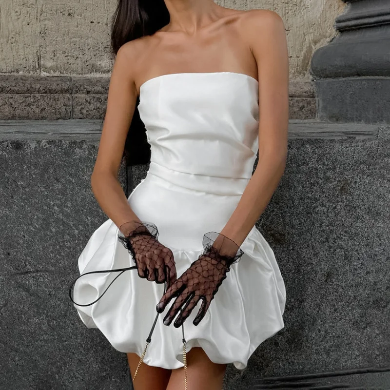 

Autumn Winter White Fashion Thick Matte Satin Strapless Sexy Design Slim Fit Slimming Flower Bud Dress Women's Clothing