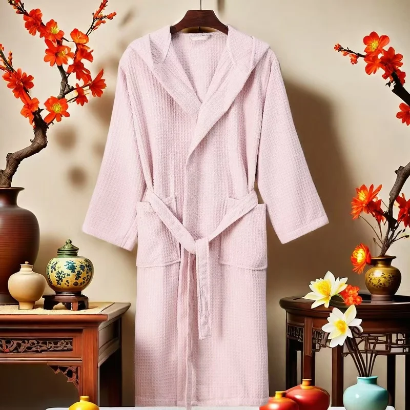 Female Long Kimono Bathrobe Gown Spring Autumn Waffle Cotton Robe Sleepwe Loose Casual Home Dress Loungewear with Pockets