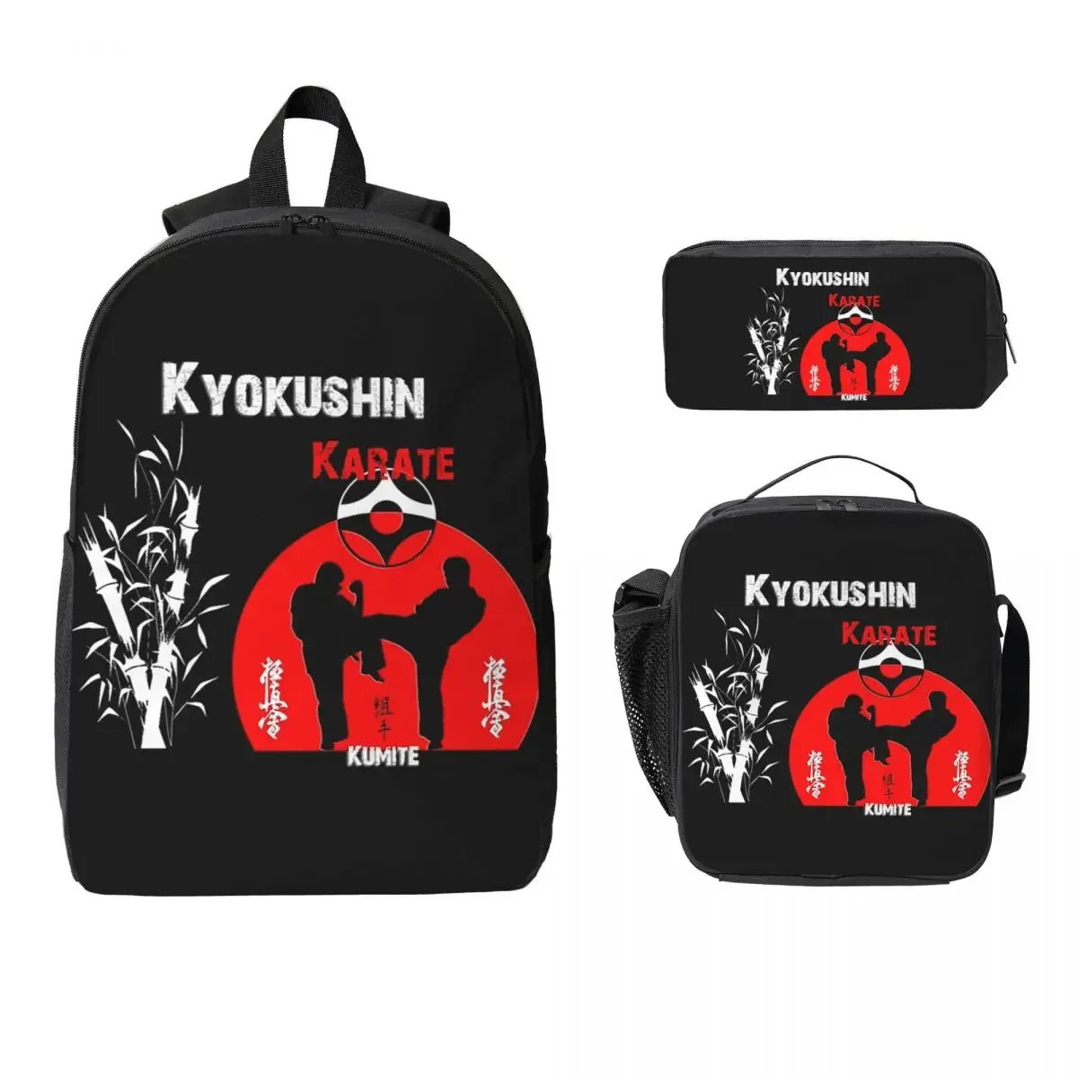 Kyokushi Karate Kumite Scene Backpack Student Boys Girls BookBag School Bag Shoulder Bags 3ps Insulated Lunch Bag Pencil Case