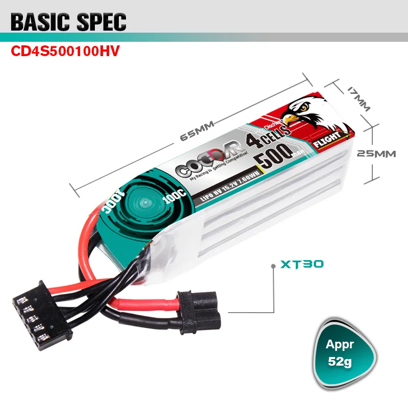 CODDAR HV LiPo แบตเตอรี่4S 15.2V 500MAh 100C สำหรับ Mobil RC เครื่องบินเฮลิคอปเตอร์ Quadrotor เครื่องบิน RC แบตเตอรี่ XT30ปลั๊ก