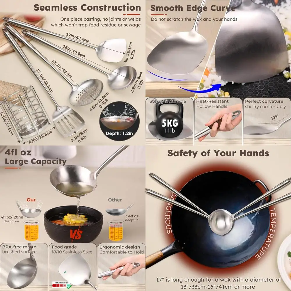 

Набор кухонной утвари из 5 предметов из нержавеющей стали с держателем, термостойкий, можно мыть в посудомоечной машине, без BPA