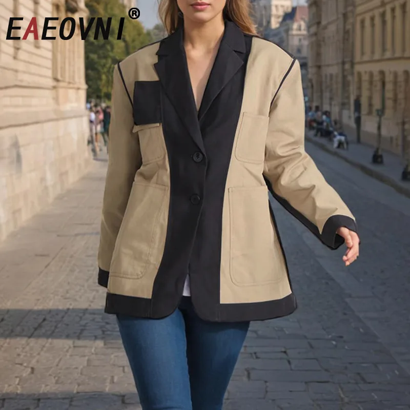 

EAEOVNI 2025 Autumn Blazer Coat Women Khaki Contrast Color Patchwork Design Button Jacket Office Lady New Clothing