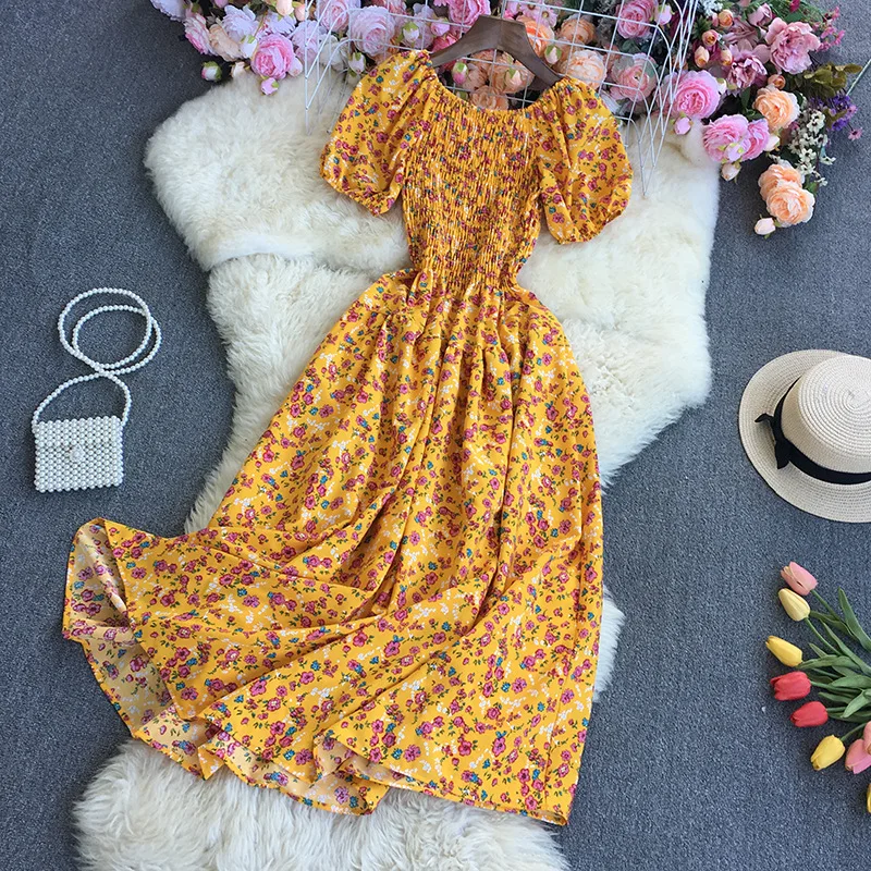 new Women\'s Clothing Dresses Gentle floral summer 2024 new French retro square neckline bubble sleeve straight neck long skirt