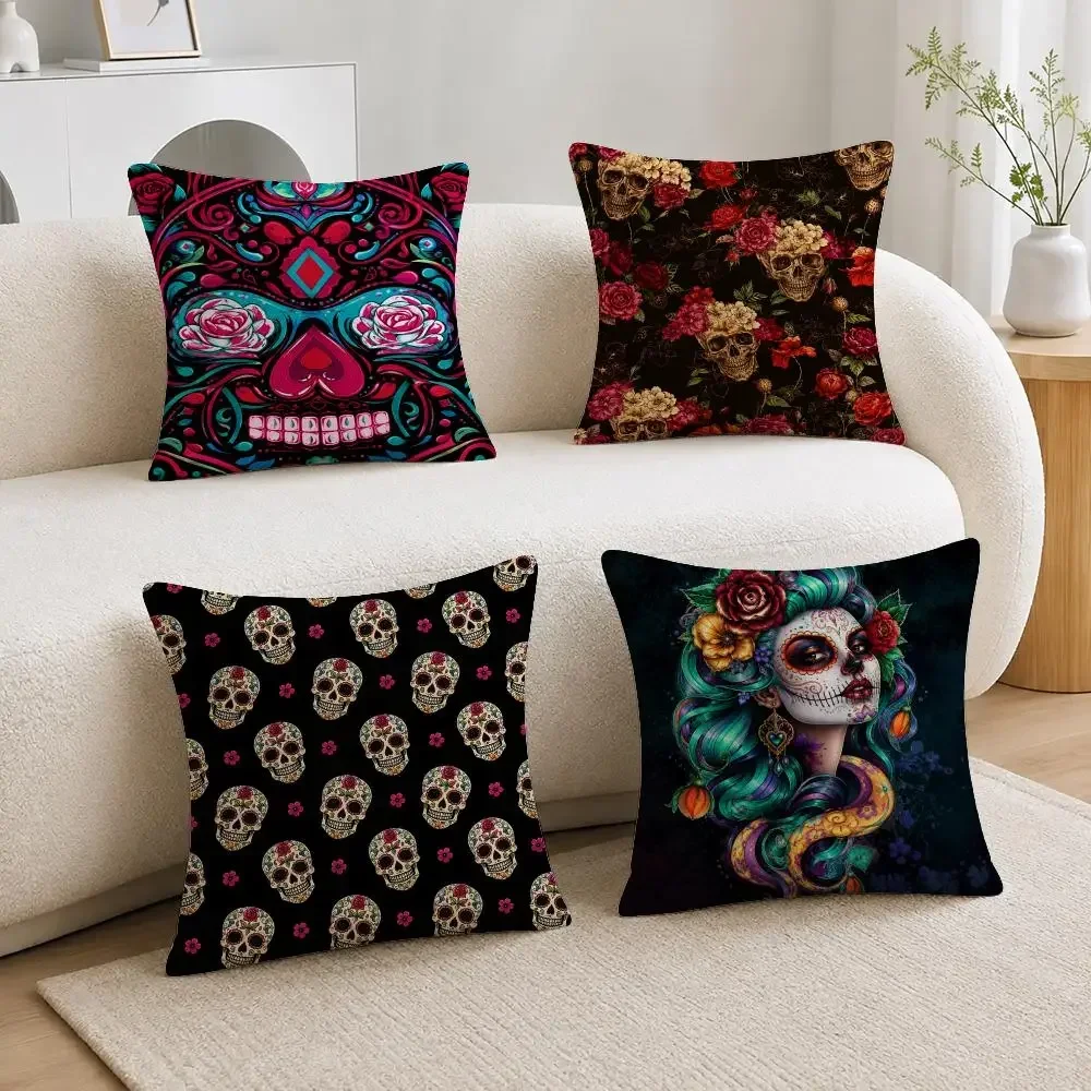 mysterious Undead Flower Skeleton Print Pattern Cushion Cover Soft Short Plush Throw Pillowcase Sofa Bedroom Home Decor Holiday