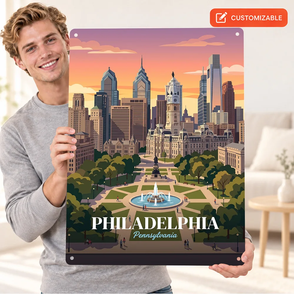 Philadelphia Cityscape Printed Poster Retro Tourism Graphic Wall Art For Entryway Customized Aluminum Metal Sign Resident Gift