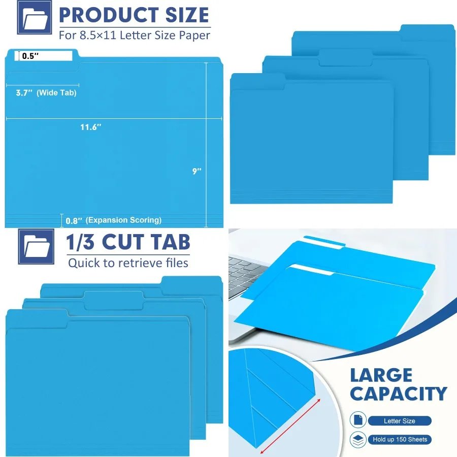 

File Folder PANDRI 120 Pack File Folder with 1/3 Cut Tab Letter Size Filing Folder for Office School Business Documents Storage