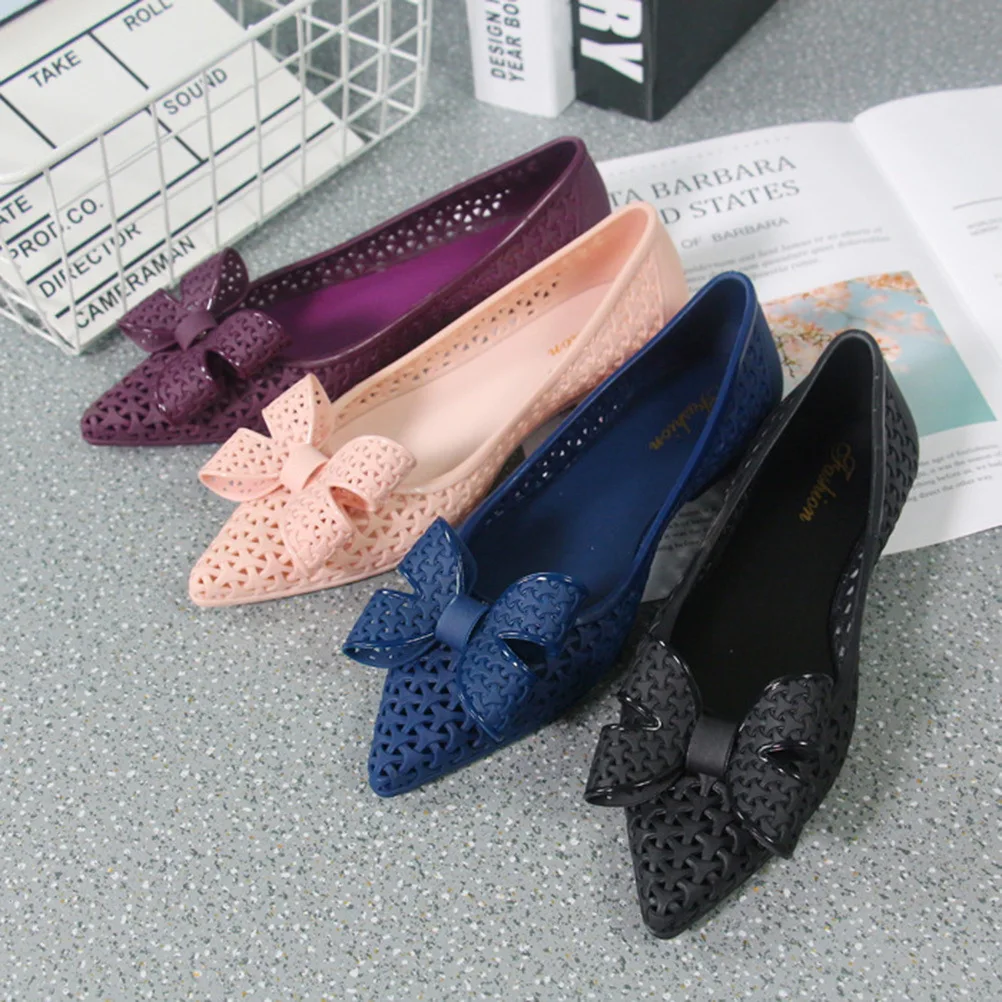 1 paar Spitz Frauen Schuhe Lila Größe 37 Aushöhlen Bowknot Flache Ferse Wasserdicht Casual Strand Sandalen Frauen Schuhe