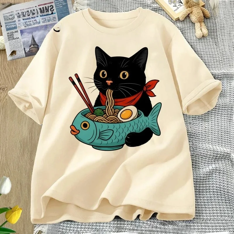 Cat Lover T Shirt Women Funny Ramen Cat T-Shirt Noodle Kawaii Japanese Food Cats Tee Casual Short Sleeve Round Neck Clothing Y2K