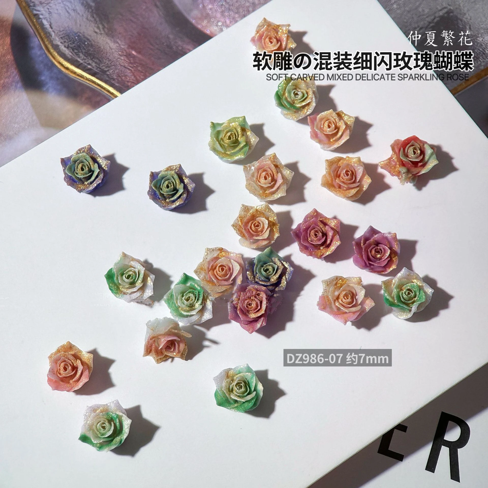 50PCS Pretty Gradient Glitter Dyeing Rose Camellia Fower Butterfly Soft Carved Nail Art Rhinestones Decorations Manicure Charms