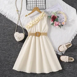 Kids Dress For Girls 4-12 Years Summer Girls Sleeveless Skirt With Diagonal Lace And Belt Korean Elegant Classic Style