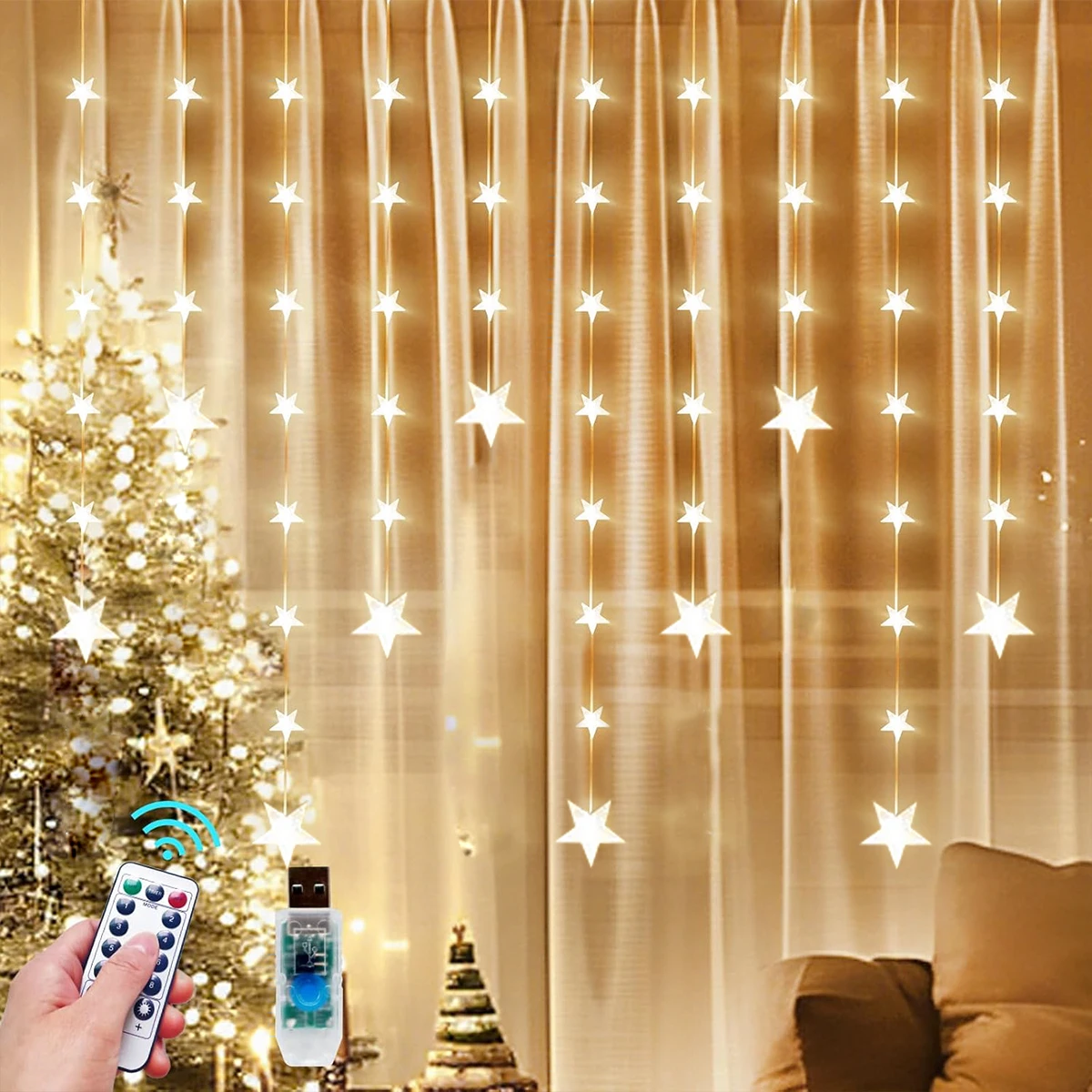1pc 120 LED Star Curtain Lights Hanging Star Fairy Atmosphere Window Garland Lamp USB Powered With Remote Control For Home Decor