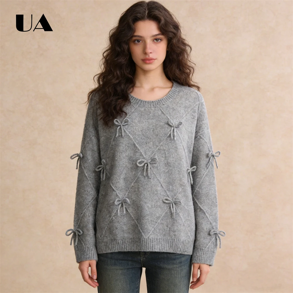 ULBYANRY Cozy Gray Knit Sweater with Bow Embellishments, Soft Wool-blend Long Sleeves Casual Pullover, Women Trendy Wear