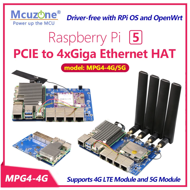 MPG4-4G,Raspberry Pi 5 PCIE to 4xGiga Ethernet HAT, Use switches to expand four-channel Gigabit Ethernet; openwrt OS driverfree