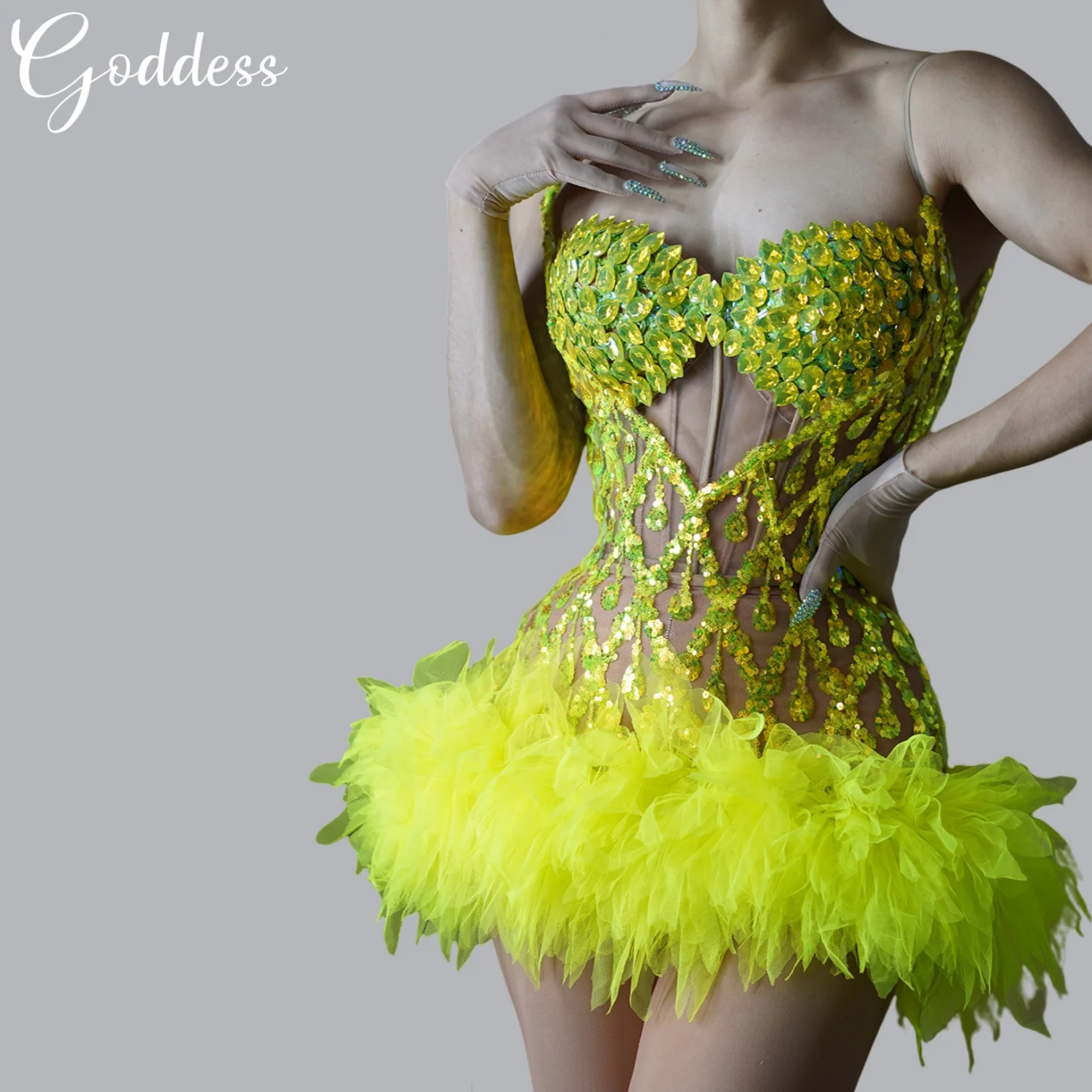 

Green Rhineston Gauze Skirt Hem Sequins Latino Dance Dress Fairy Nightclub Latin American Clothes Sexy Stage Performance Clothes