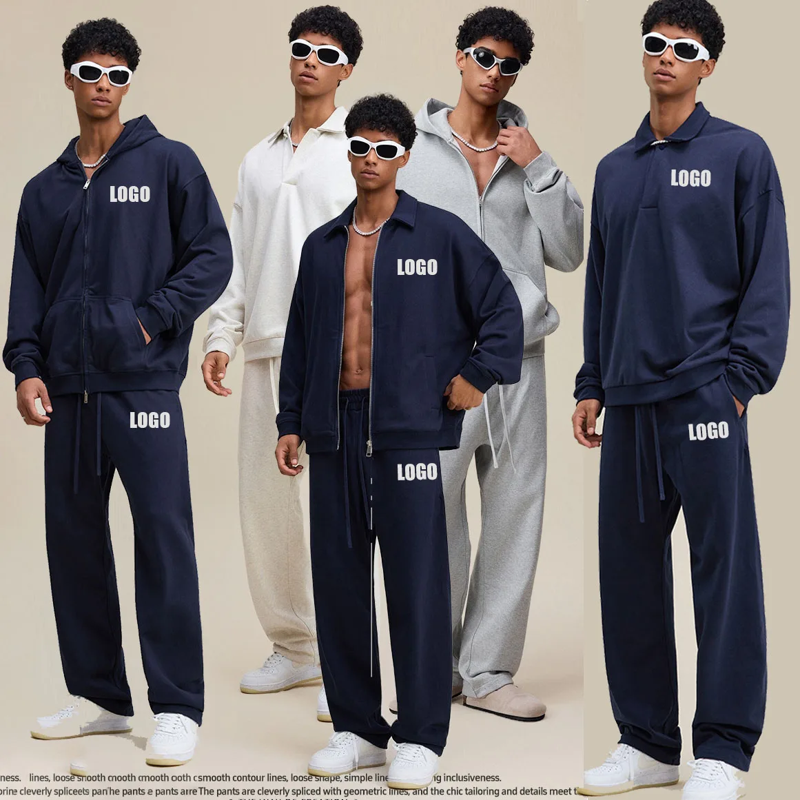 Custom LOGO men's new 445G heavy terry fleece splicing stand-up collar lapel polo hooded double zipper sweatshirt sweatpants set