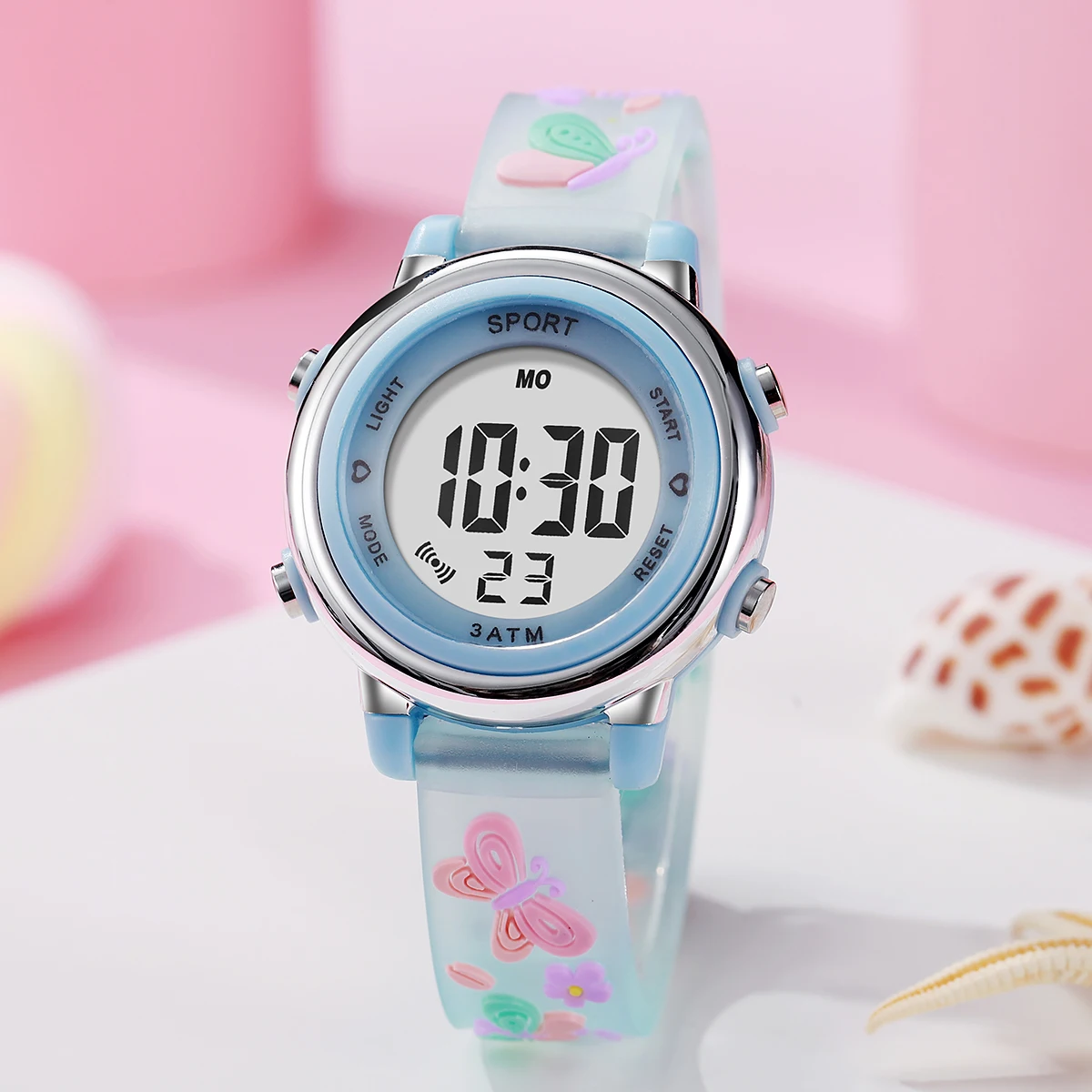 Orologio elettronico per bambini con cinturino in silicone con motivo a farfalla alla moda e carino, adatto per l'uso quotidiano, regalo di Natale.