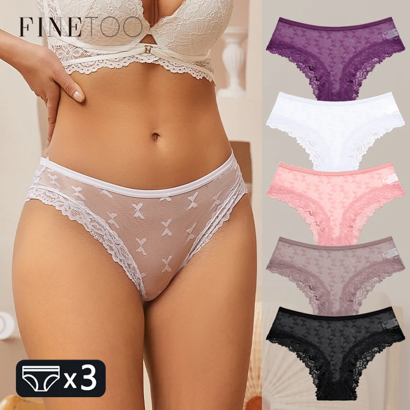 FINETOO 3PCS Women's Perspective Lace Panties Sexy Hollow Out Underwear Briefs Female Solid Color Lingerie Floral Intimates S-XL