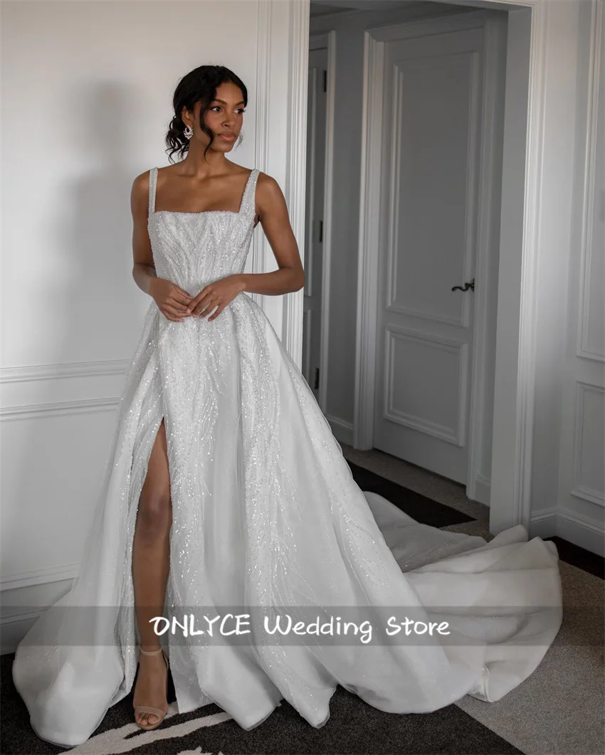 

Glitter Wedding Dress 2025 Square Collar Bead Mermaid Sleeveles Crystals Side Split Bride Gown Robe De Mariee Customized