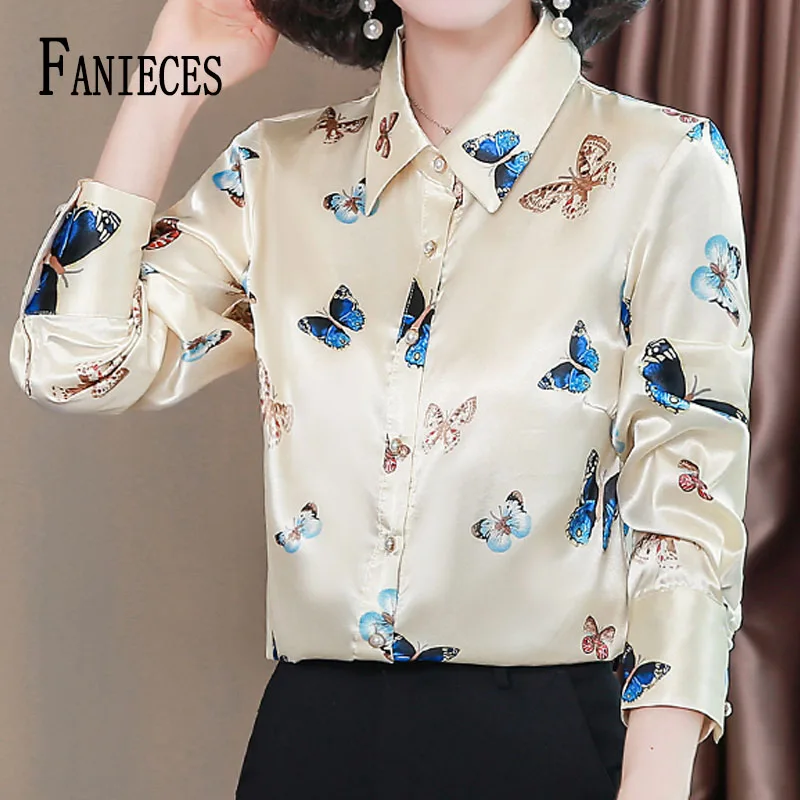 

FANIECES S-4XL قمصان وبلوزات Women Tops Blouses Apricot Butterfly Print Casual Long Sleeve Office Lady OL Shirts Slim Blusas6176