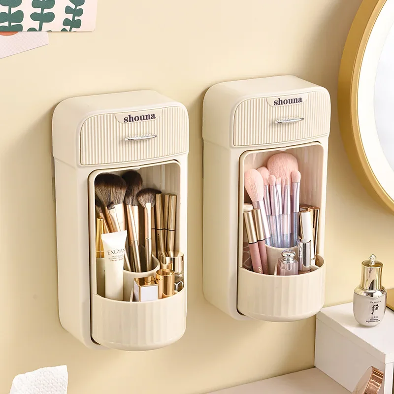 Rotating makeup brush storage bucket dressing table wall-mounted storage box lipstick eyebrow pencil dust-proof storage rack