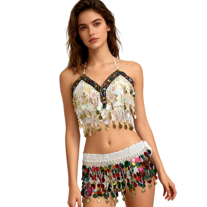 مجموعة أزياء الرقص الشرقي الاحترافية حمالة صدر مطرزة بالترتر ووشاح الورك للعروض المسرحية من نسيج البوليستر العملي #4