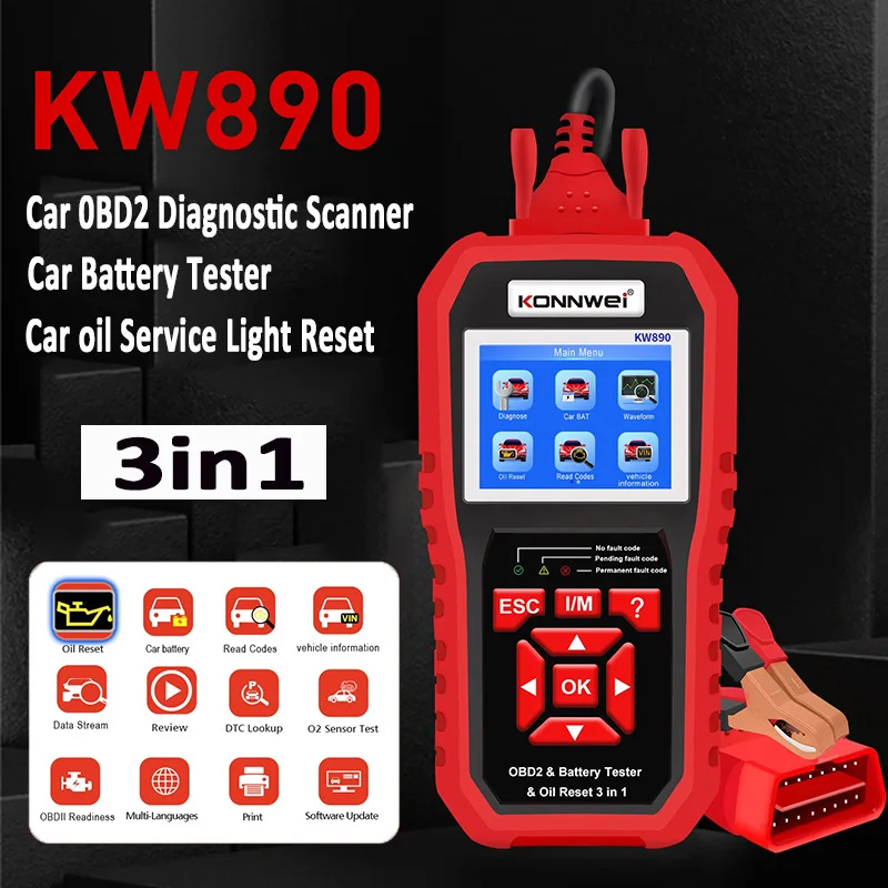 KONNWEI KW870 KW880 KW890 12V Car Battery Tester Analizer Auto Diagnostic Tool Battery Match 3 in 1 Car OBD2 Scanner Code Reader