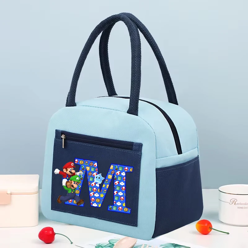 Super Marios Lunch Bags Kids Anime Letter A-Z Thermal Insulation Handbag Boys Girls School Picnic Food Bento Pouch Children Gift