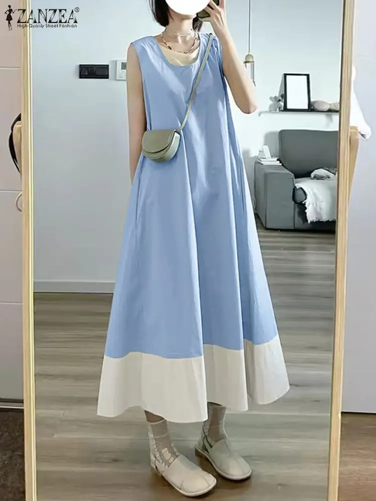 ZANZEA Korean Colorblock Tank Dress Women Summer Sleeveless Long Robe Holiday Round Neck Beach Vastidos Loose Patchwork Dresses