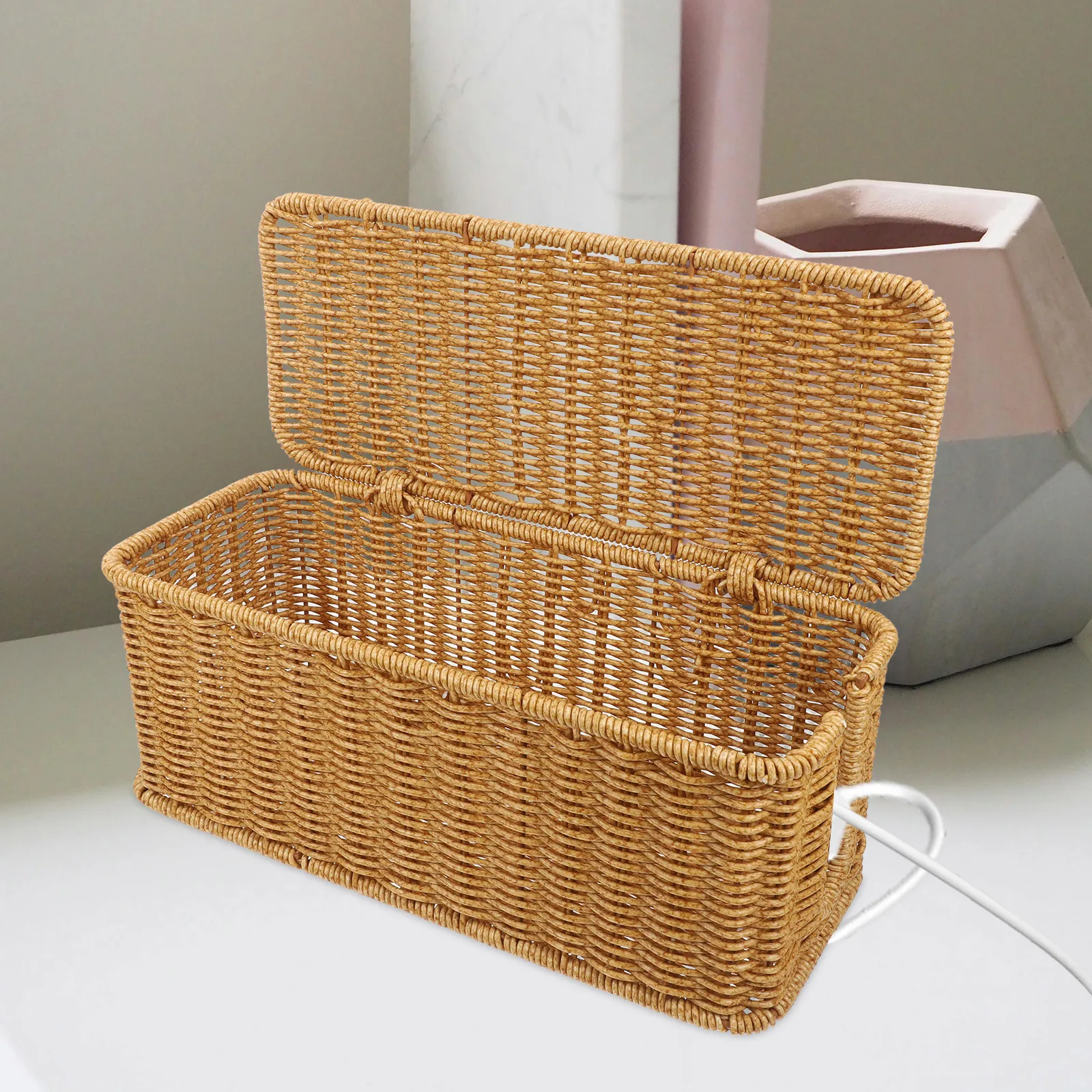 Caja organizadora de cables inspirada en ratán, almacenamiento de escritorio de gran capacidad para regleta de alimentación y Cables, solución de gestión de cables