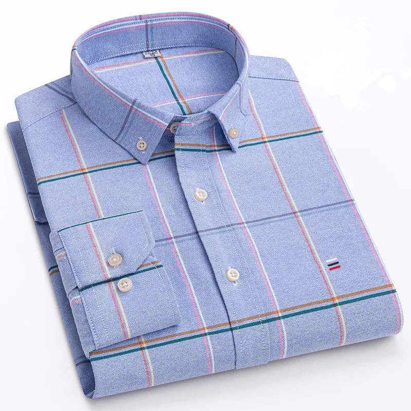 Men's 100% Cotton Shirt Long Sleeve Plaid Oxford Casual Solid Color Print Regular Fit Formal Dress Shirt Oversized 7XL  6XL 5XL, image 22