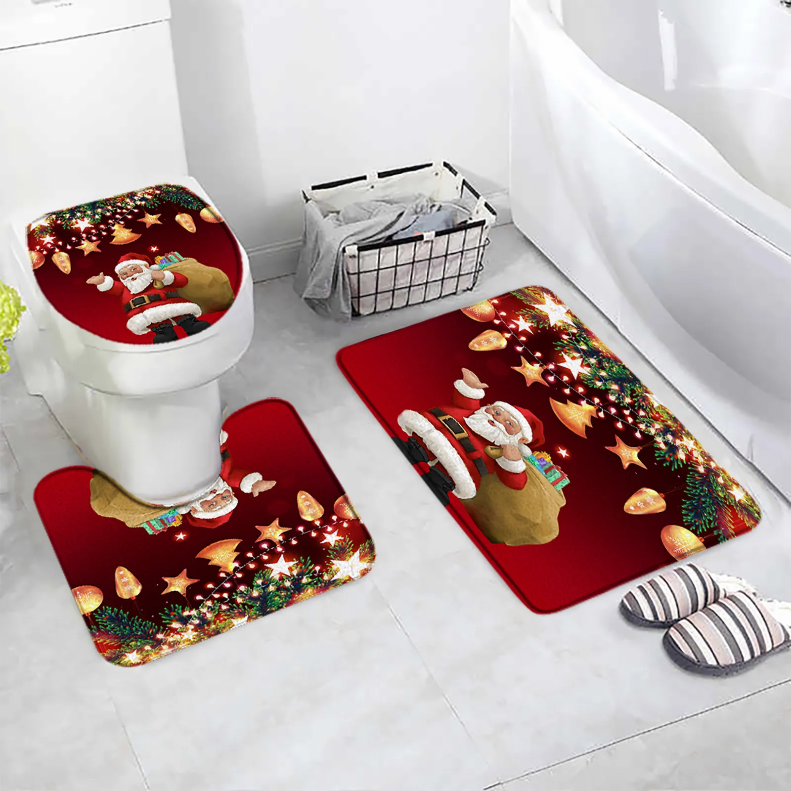 Cute Snowman Christmas Bath Mat Set Pink Xmas Trees Snowflake Winter New Year Flannel Home Bathroom Decor Floor Rug Toilet Cover