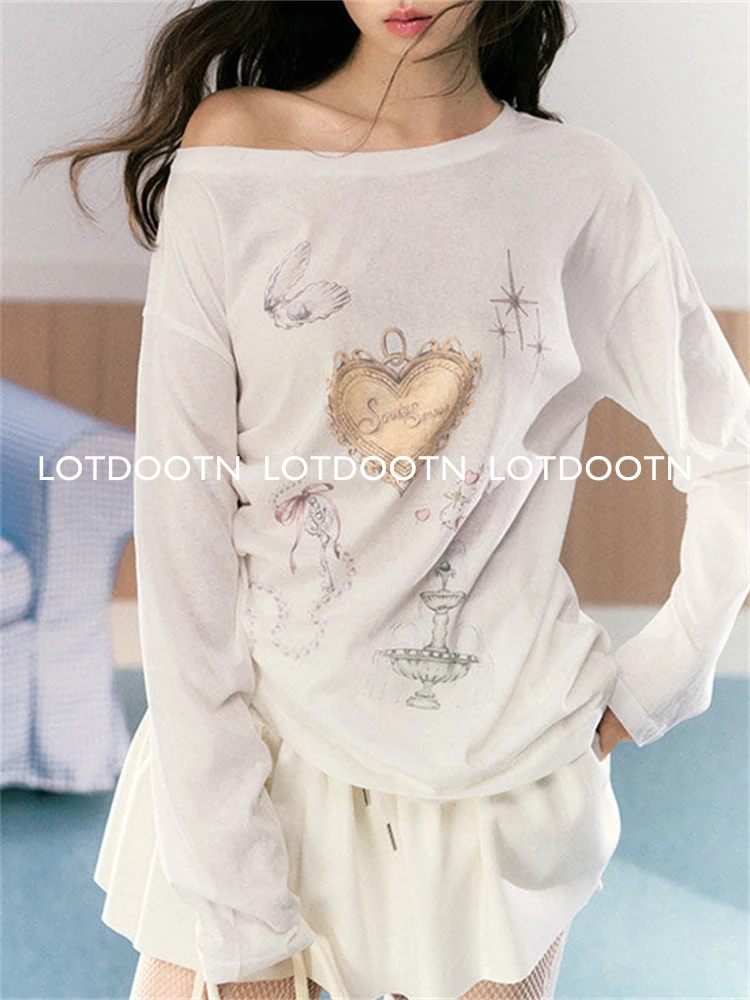 LOTDOOTN Woman Tshirt Y2k Casual White Off Shoulder Tops Thin Slash Neck Long Sleeve Loose Tee Chic Korean Aesthetics Streetwear