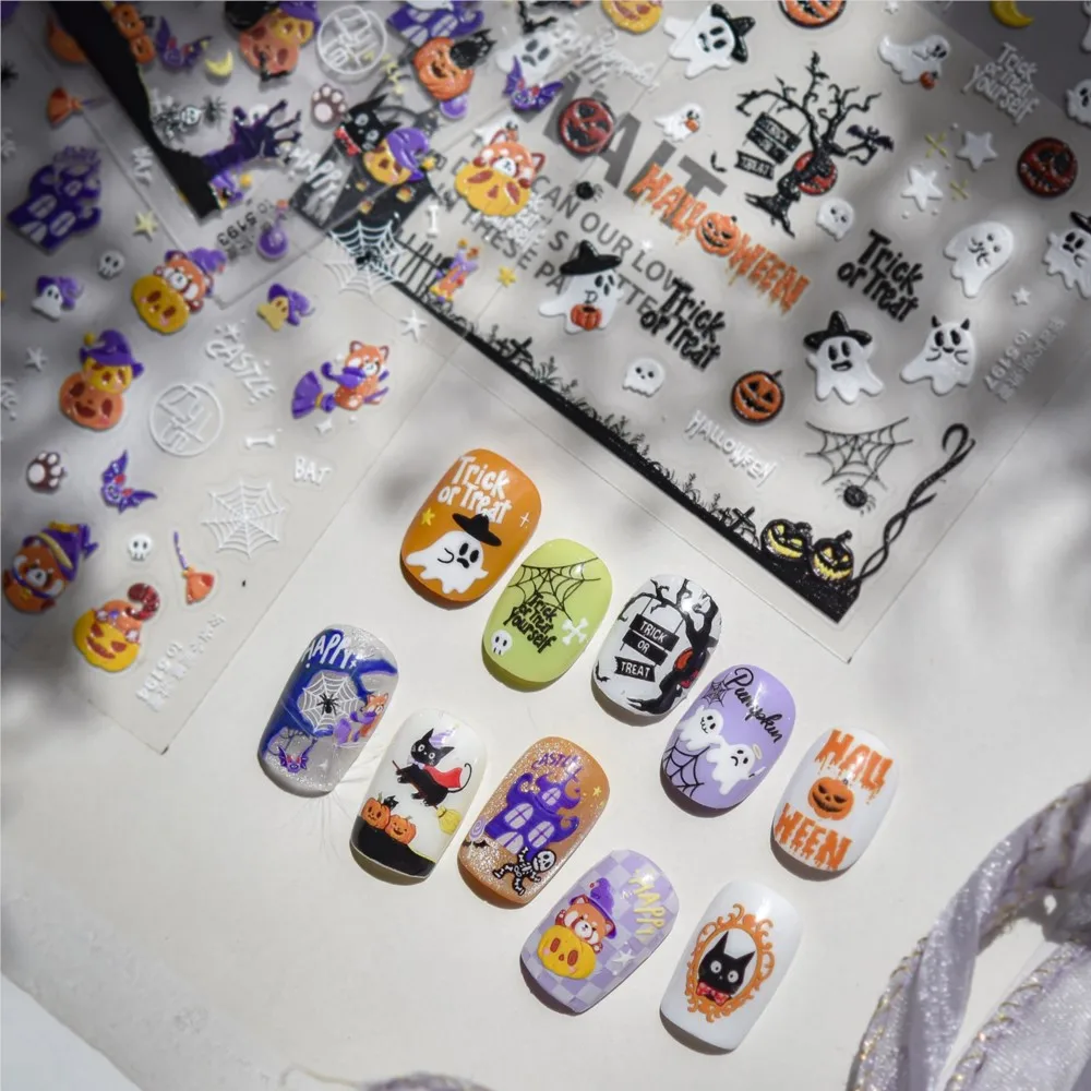 5D geprägter Kürbis Geist Nail Art Aufkleber Halloween Spinnennetz Fledermaus selbstklebender Nagelaufkleber Happy Halloween Nail Art Sliders Aufkleber