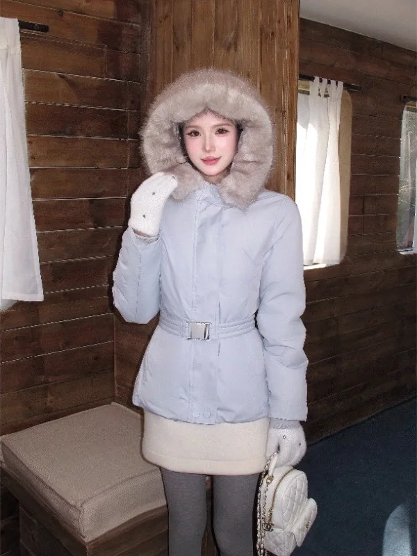 

Thiened White Du down Jaet Light Blue Winter Coat Belted Waist Slimming Warm Snowsuit Outerwear Women's Commute Sle