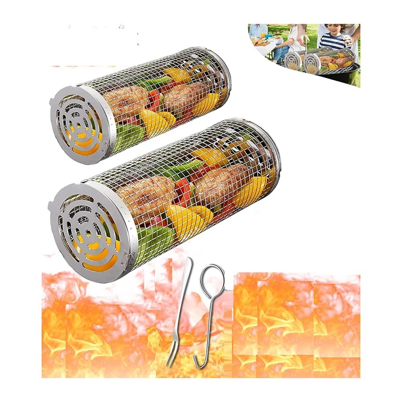 Rolling Grilling Baskets For Outdoor Grill Bbq Large Stainless Steel Mesh Net Tube Round Cage Wire Barbecue Cylinder