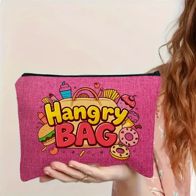 Lightweight Polyester Hangry Bag | Snack & Makeup Organizer with Vibrant Pink Fun Foodie Design, Zipper Closure