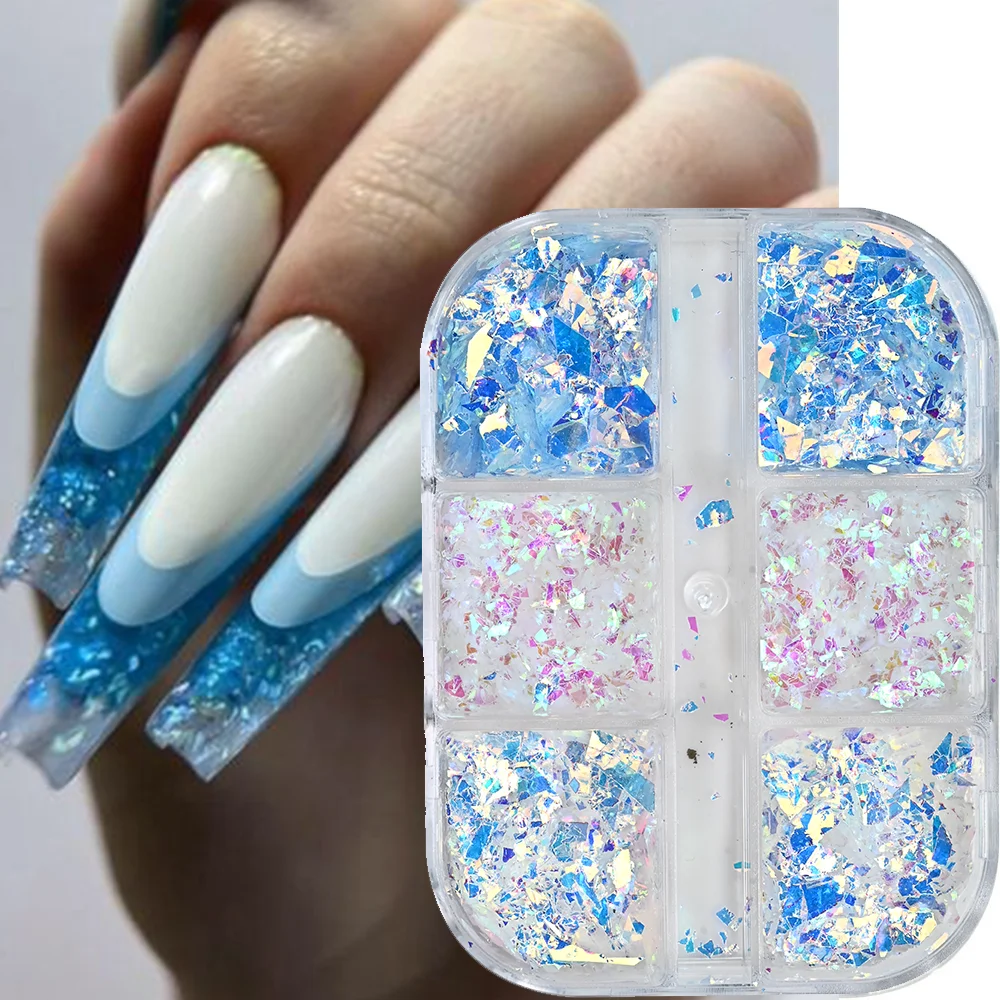 6/12Grid Pink Blue Holographic Irregular Glitter Flakes Transparent Ultra-Thin Opal Nail Paillettes For Y2K Manicure Nail Slices