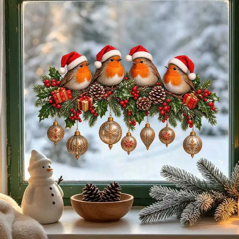 1pc Christmas Robin Wreath Static Window Clings，Home And Store Window Decorations For Creating A Festive Atmosphere