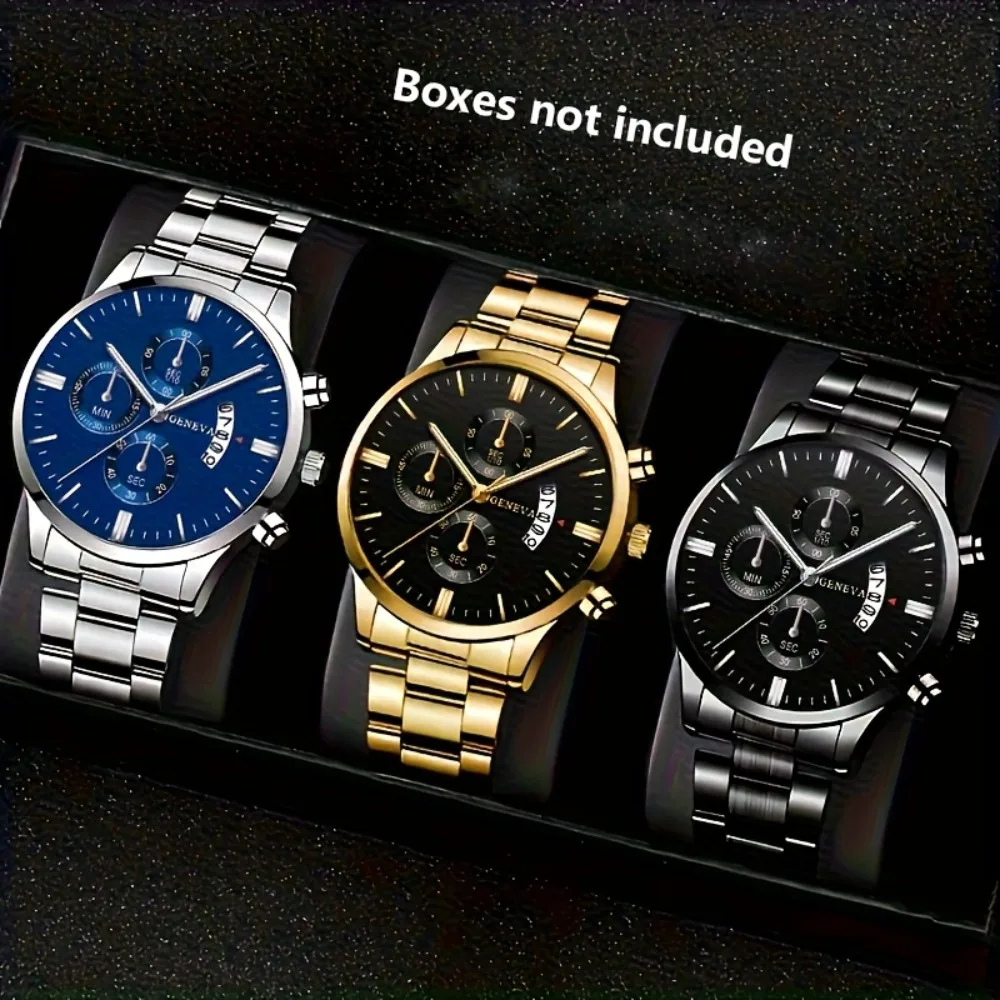 3pcs Watch Set Silvery Golden Black Fashion Men'S Calendar Watch Business Casual Stainless Steel Quartz Watch