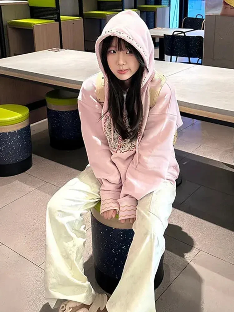 Y2k – sweat-shirt à capuche avec cordon de serrage brodé rose pour femme, Vintage, Streetwear, ample, Harajuku, vestes Grunge décontractées, 2025