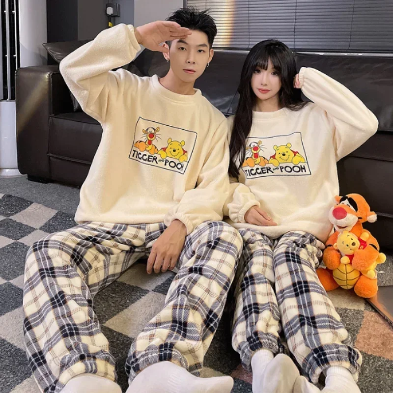 Disney Winnie the Pooh Couple Pajamas Winter Crew Neck Flannel Thickened Warm Sweet Women\'s Pajamas Men\'s and Women\'s Loungewear